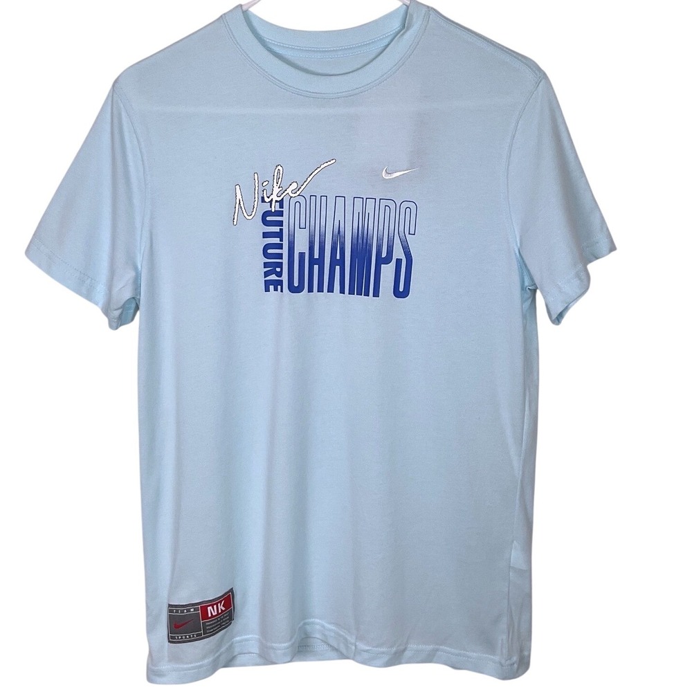 Nike Future Champs Kids T-Shirt Athletic Blue White Logo Tee Boys Girls